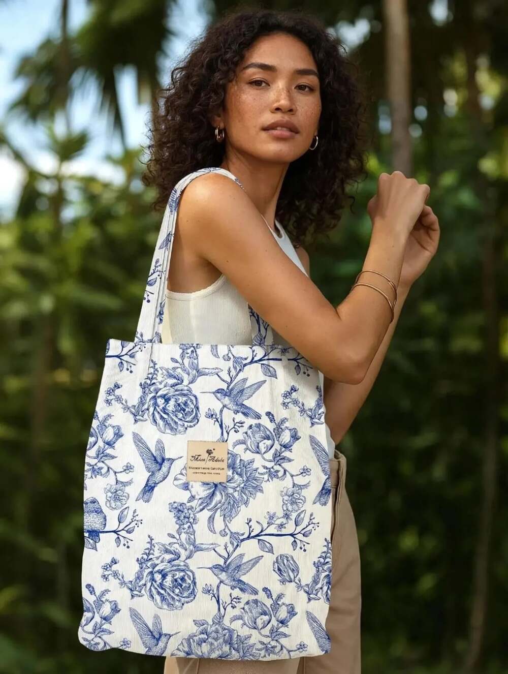Miss Adola Blue and White Floral Hummingbird Print Corduroy Tote Bag